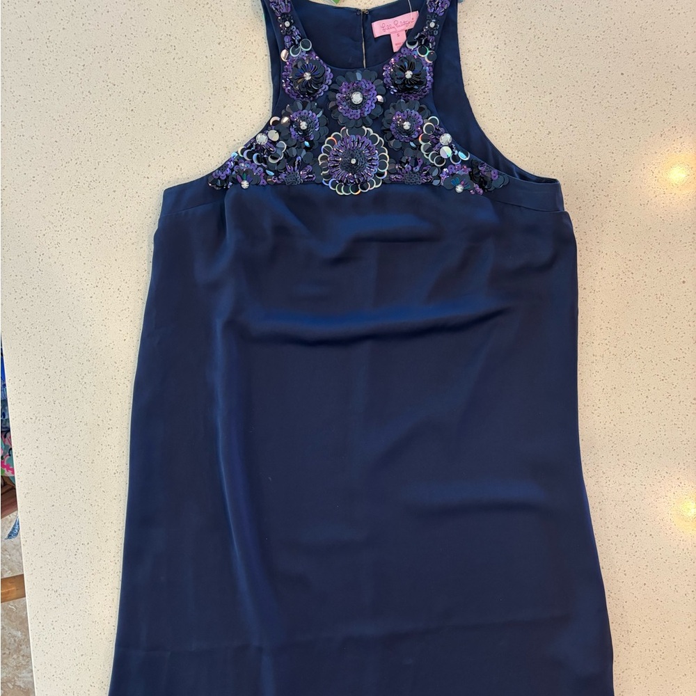 Lilly Pulitzer True Navy Celsea silky Dress with Embellished Neckline